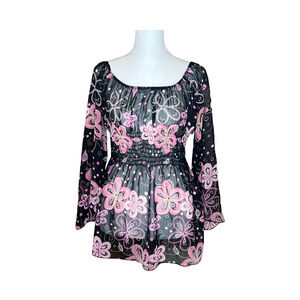 Vtg Y2K Jordache Floral Top Flare Sleeve Smocked Fairy Whimsical Boho Feminine